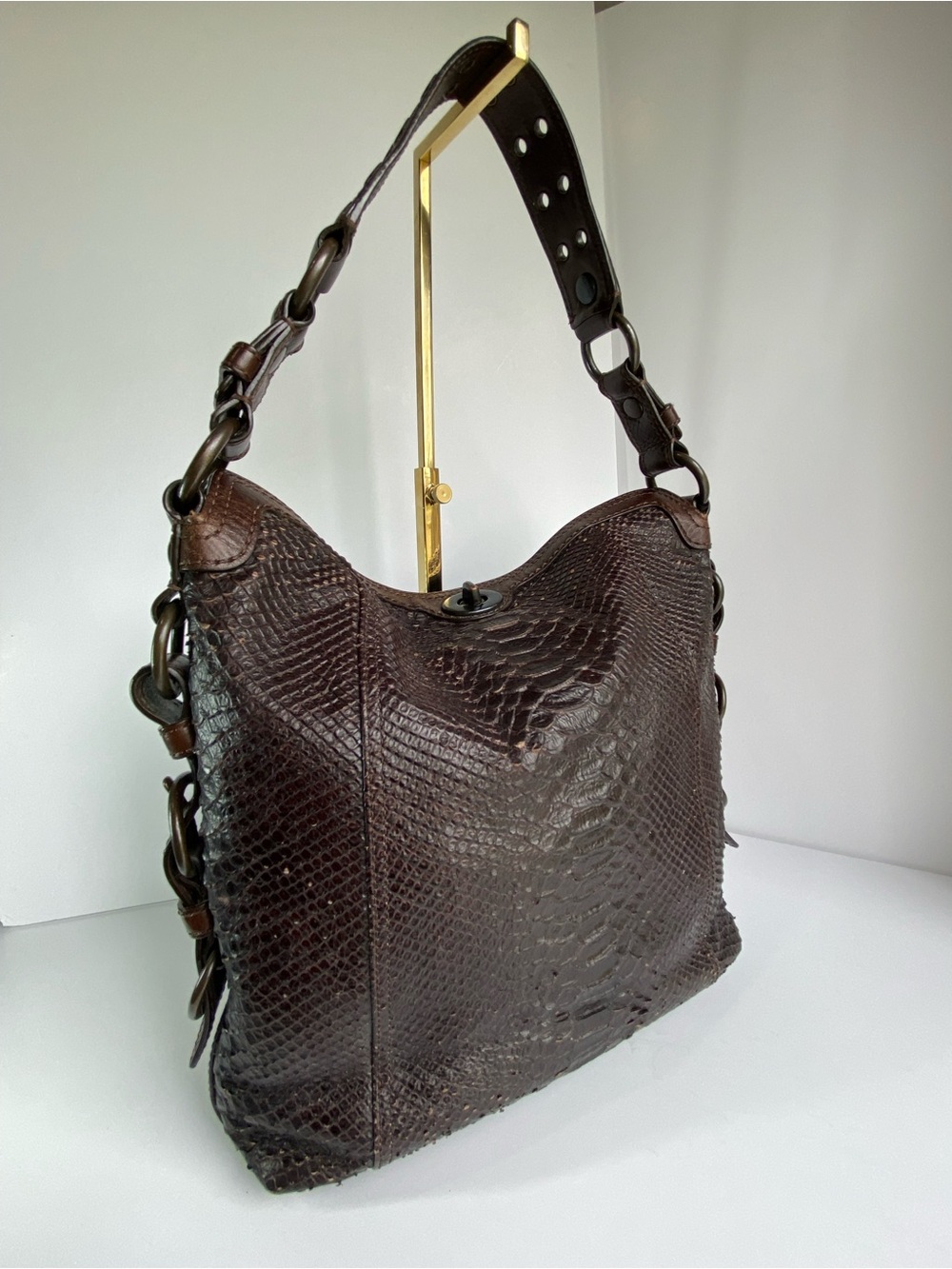 Coach Python Embossed Studded Chelsea Turnlock Dark Brown